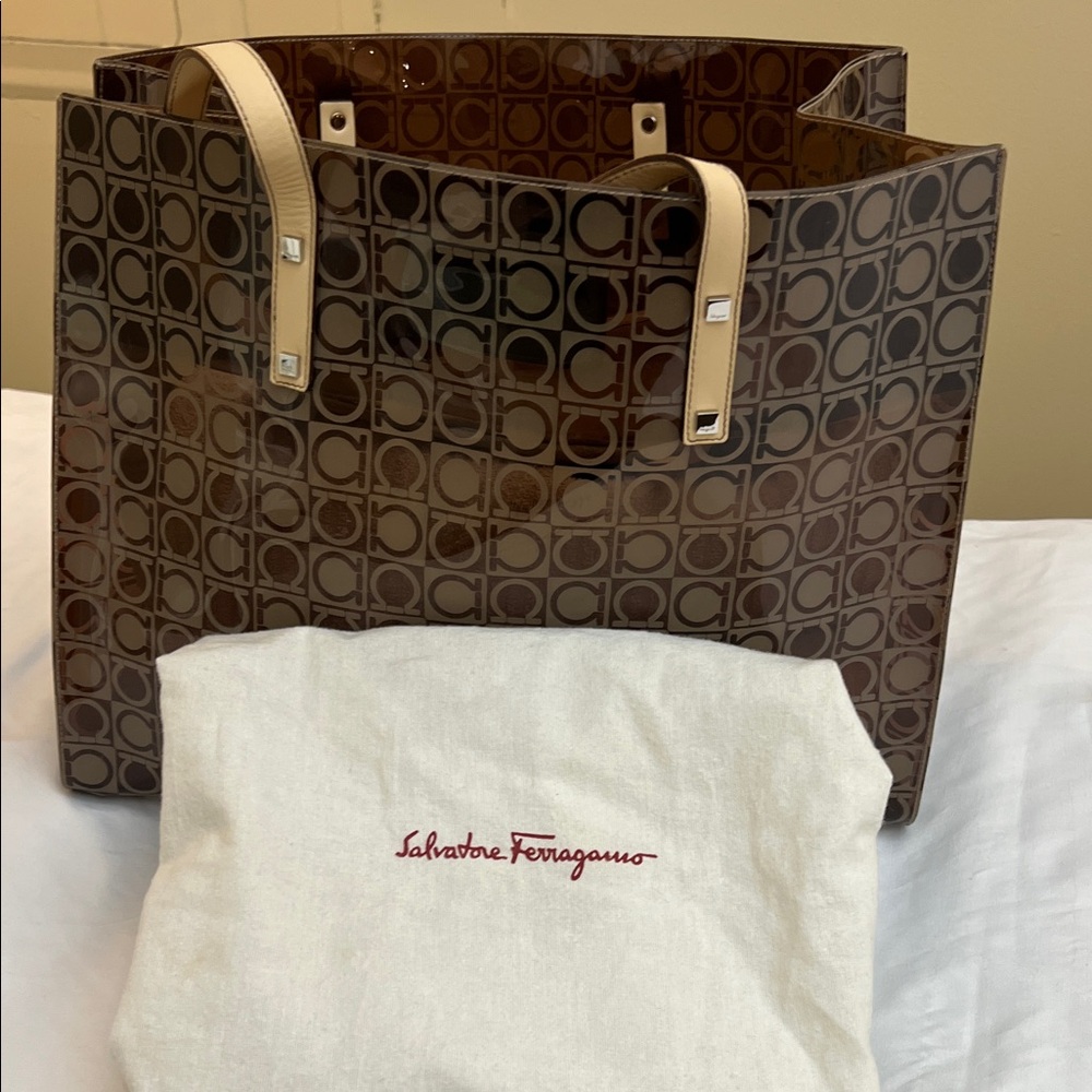 NEW Salvatore Ferragamo Clear Brown Patterned Tote
